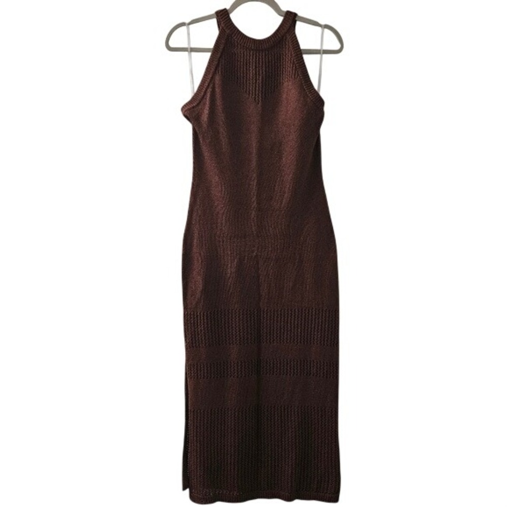 Knit Crochet Midi Dress Womens L Brown Halter Pointelle Sleeveless Beach Coverup